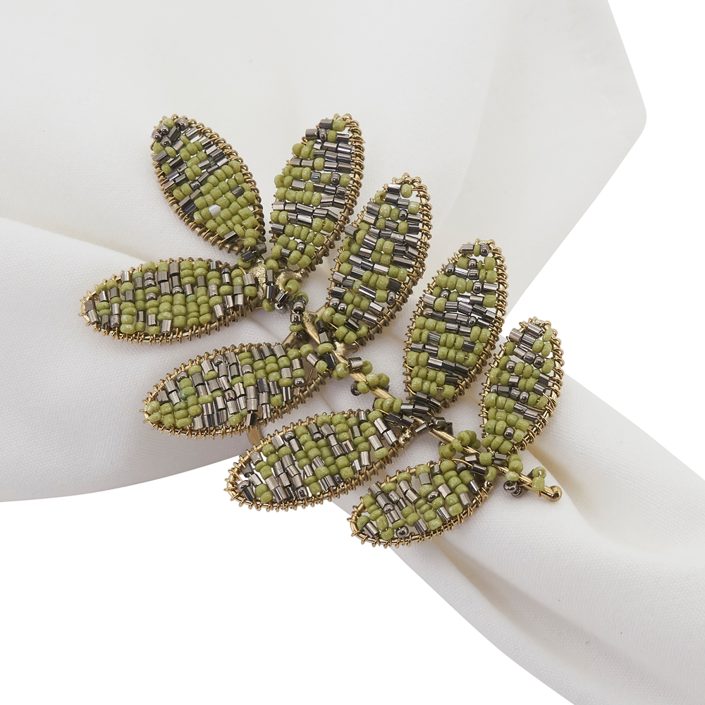 Green Hand Beaded Leaf Gold Napkin Ring