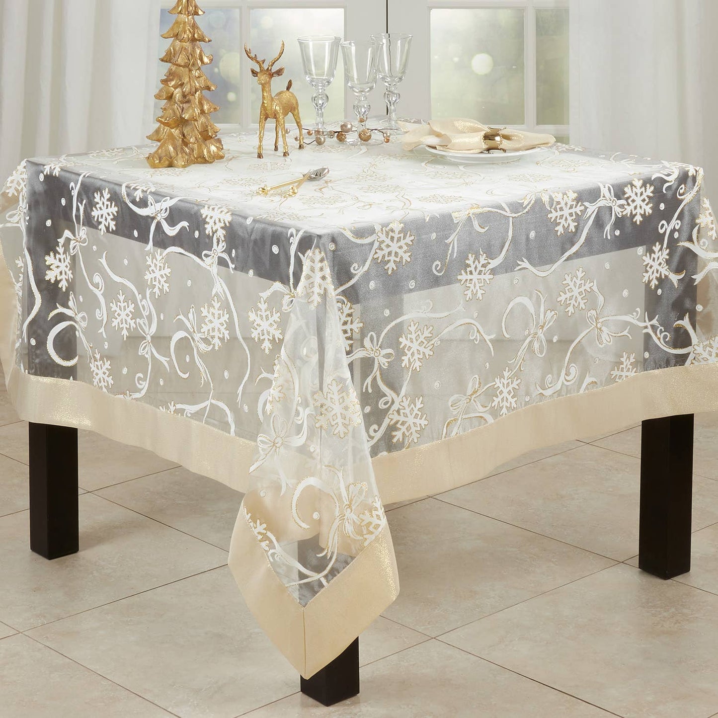 Snowflake & Ribbon Gold Border Sheer Holiday Tablecloth