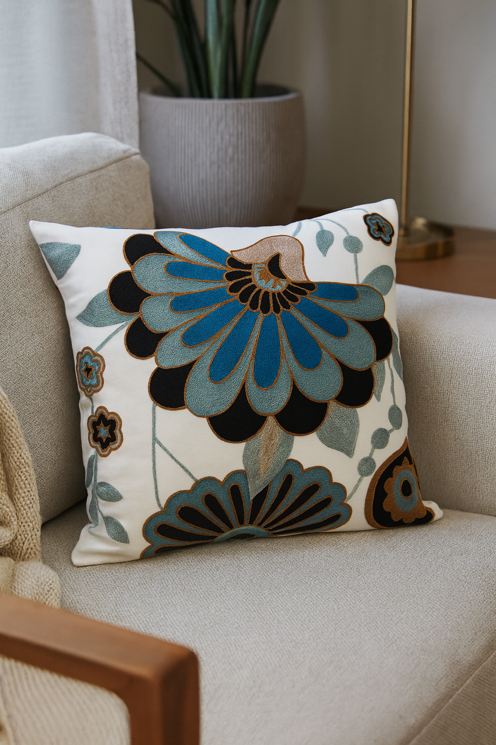 0727 - Crewel Work Down Filled Cotton 17" Throw Pillow