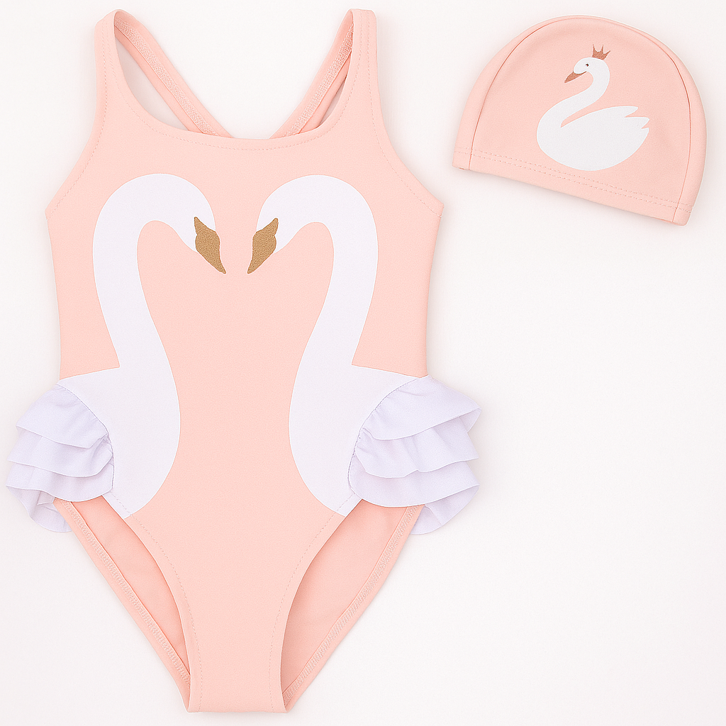 Pink Swan One-Piece Girl Swimwear & Swim Hat