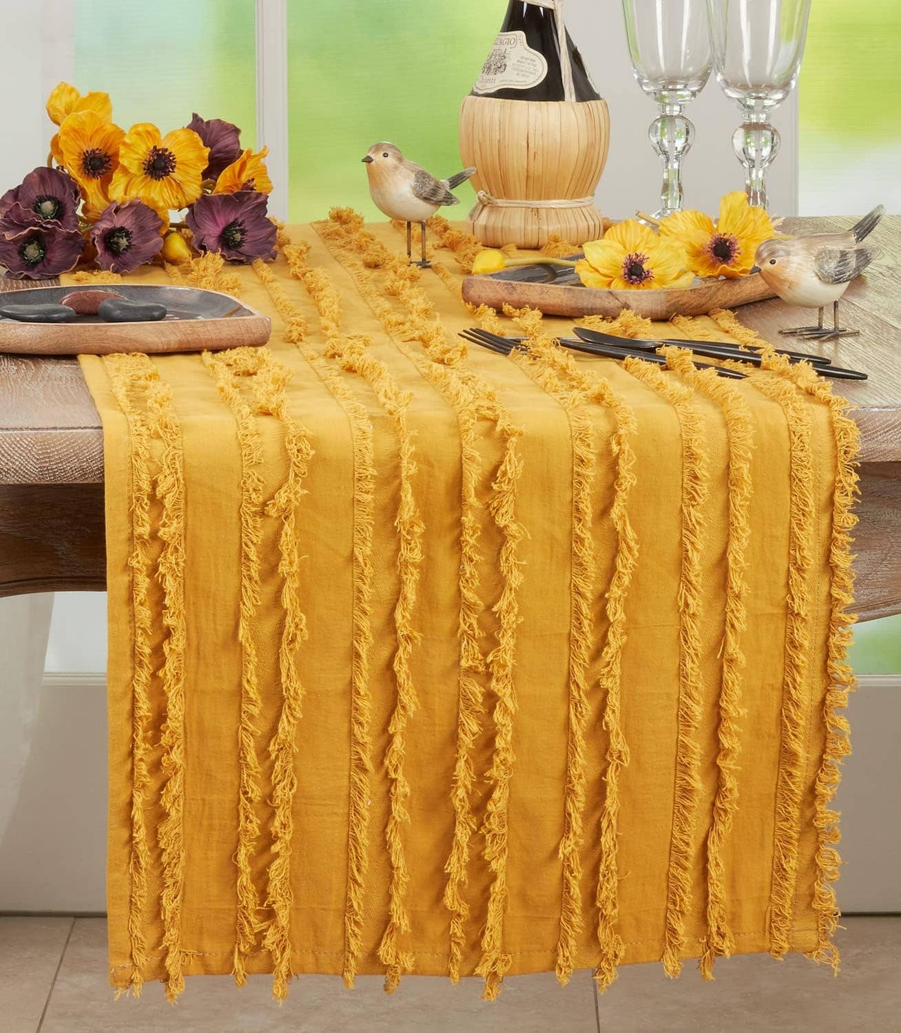 Mustard Fringed Stripe Cotton 15"x72" Table Runner