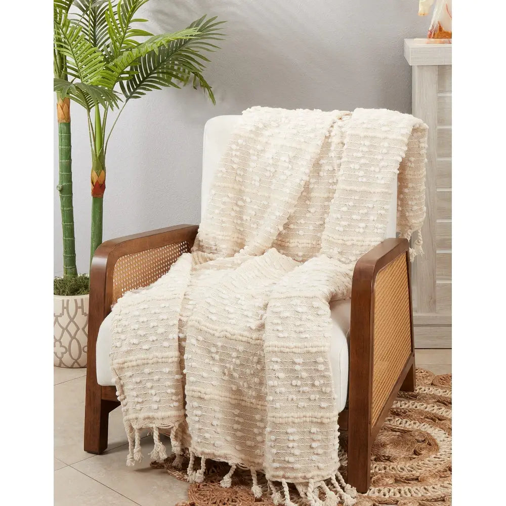 Ivory Earthly Woven Stripe Cotton Blend Throw Blanket