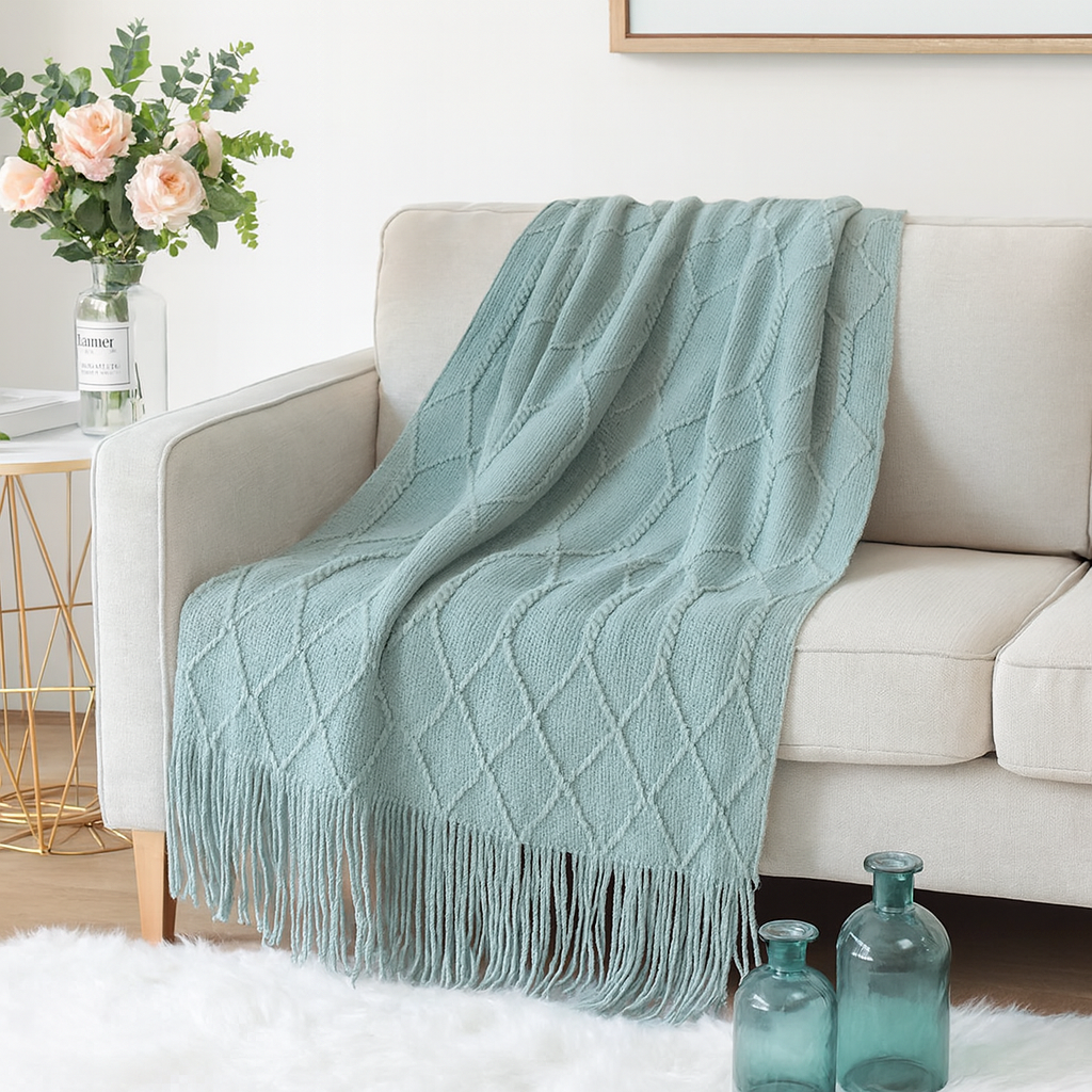 Aqua Rhombus Diamond Knit 50x60 Inch Throw Blanket