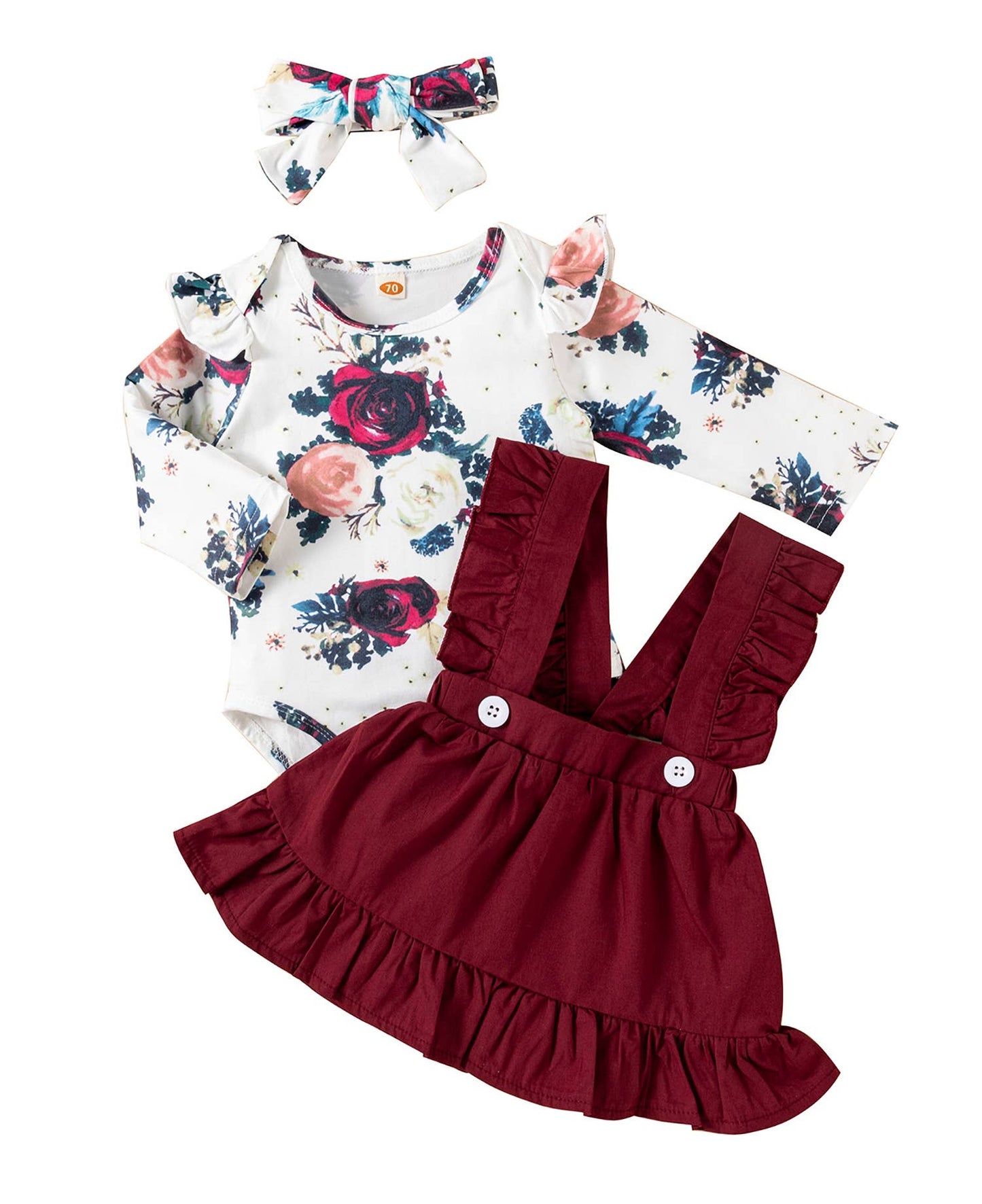 Burgundy Floral Baby Bodysuit, Suspender Skirt and Headband