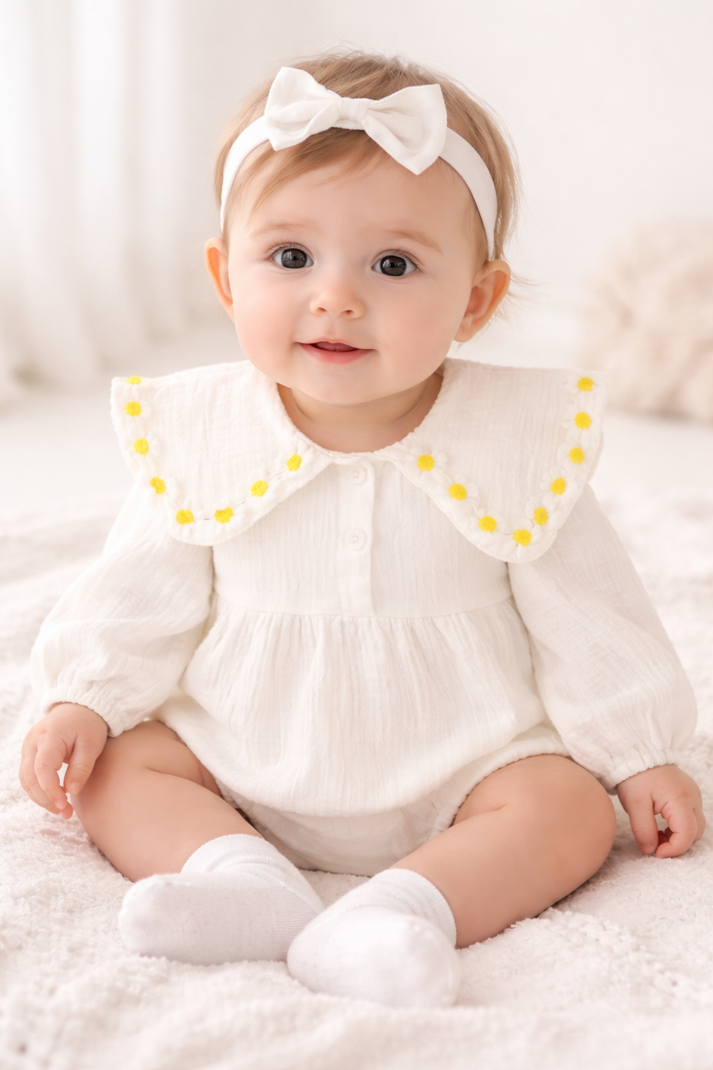 White Little Daisy Cotton Baby Romper & Headband