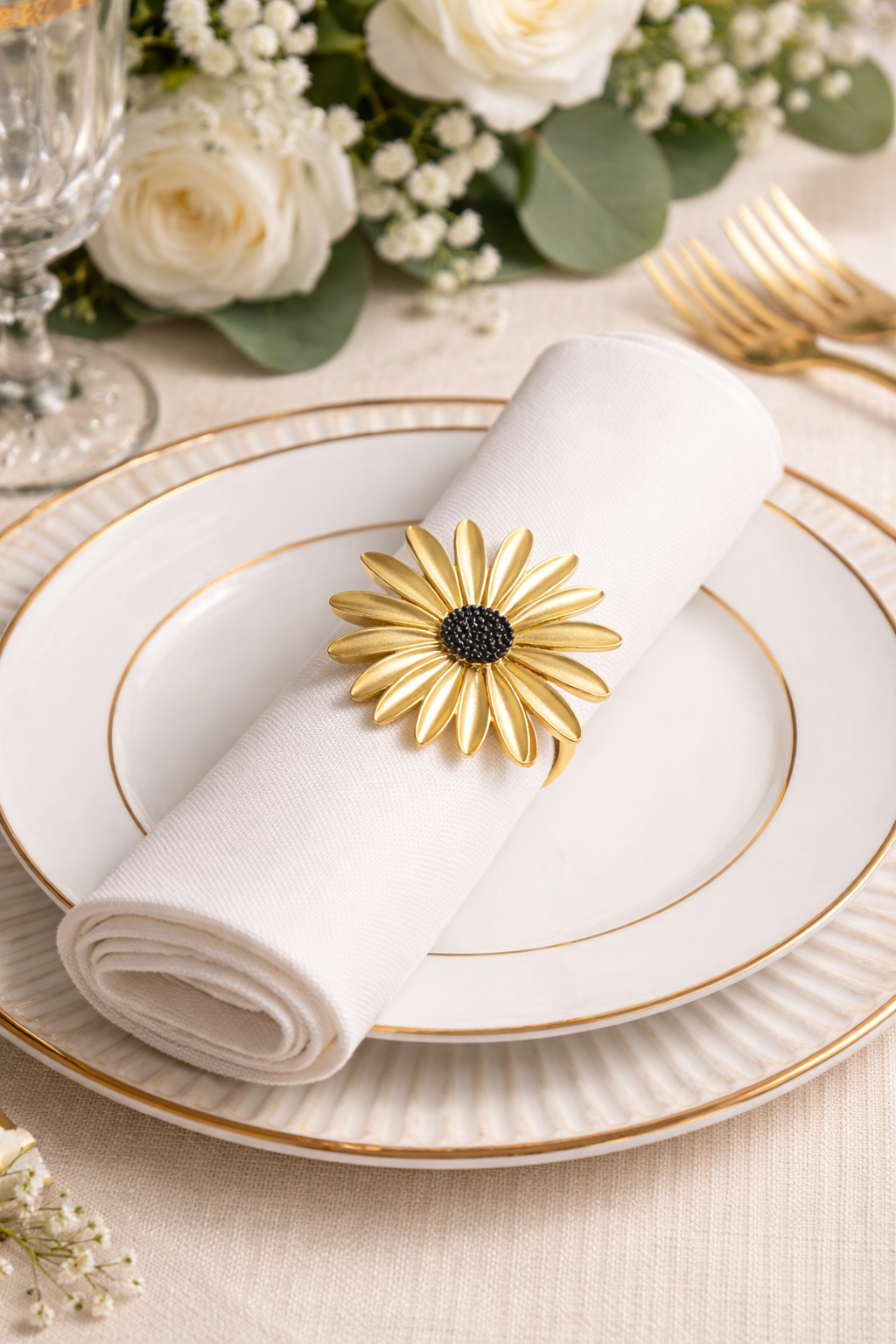 Matte Gold Sunflower Metal Napkin Ring Holder