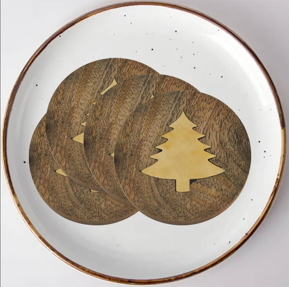 Natural Wood Brass Tree Inlay 4" Drink Coaster