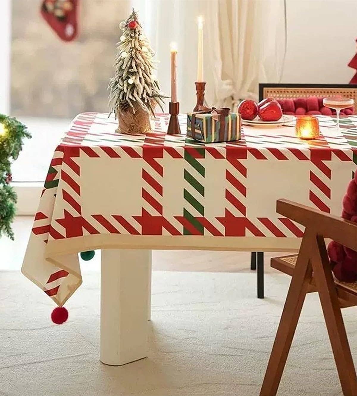 Classic Plaid Holiday Tablecloth with Pom-Poms