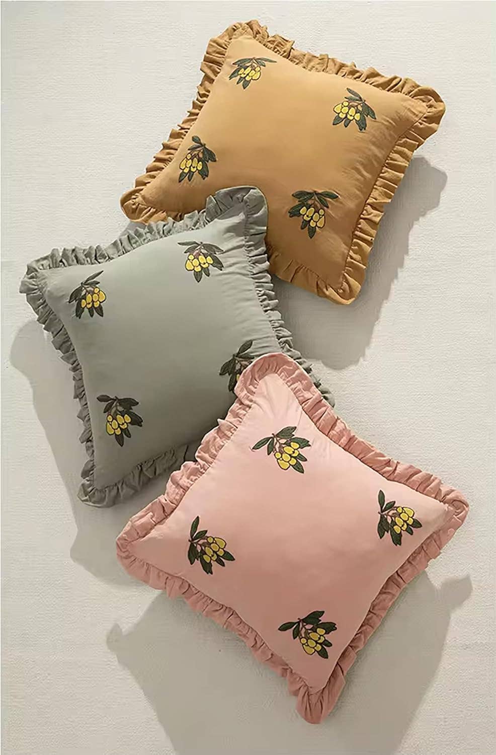 Embroidered Loquat Ruffle Throw Pillow
