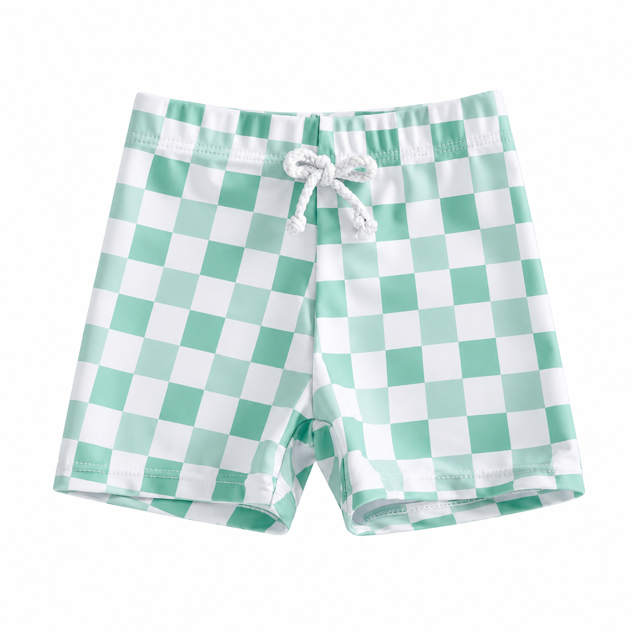 Green-White Checkered Boys Swim Shorts with Drawstring Waist