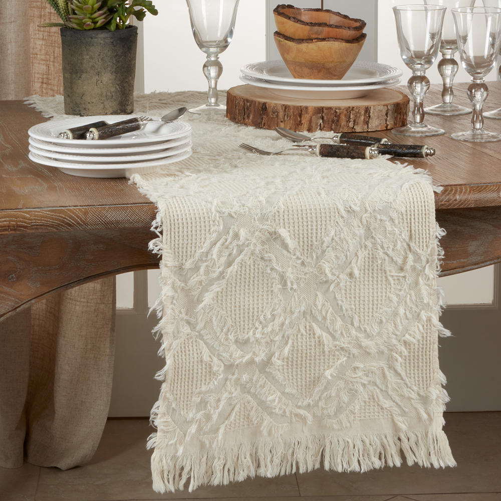 1877 - Ivory Fringe Waffle Weave Cotton Table Runner