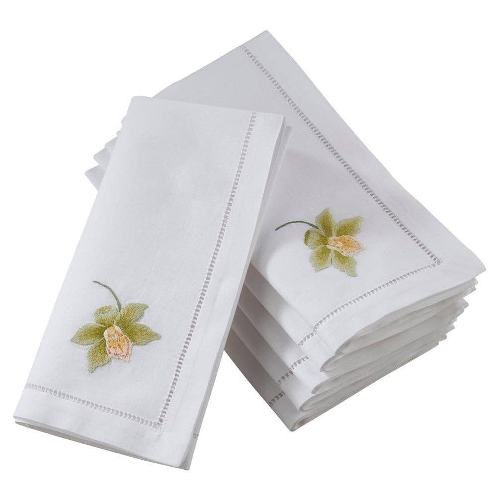 NM145 - Embroidered Orchid Hemstitch Cotton 20-Inch Cloth Napkin