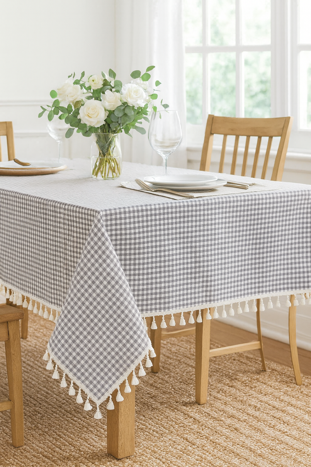 Brown Rustic Gingham Check Tasseled Cotton Blend Tablecloth