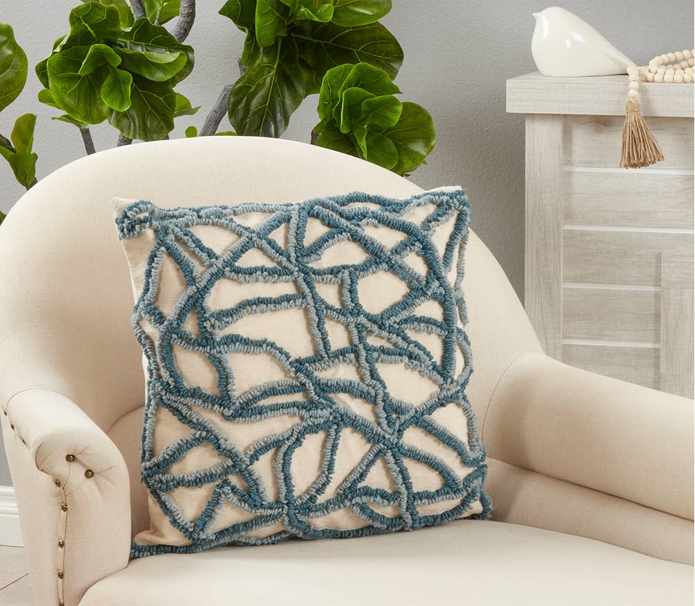 2502 - 20" Blue & Natural Embroidered Cotton Throw Pillow