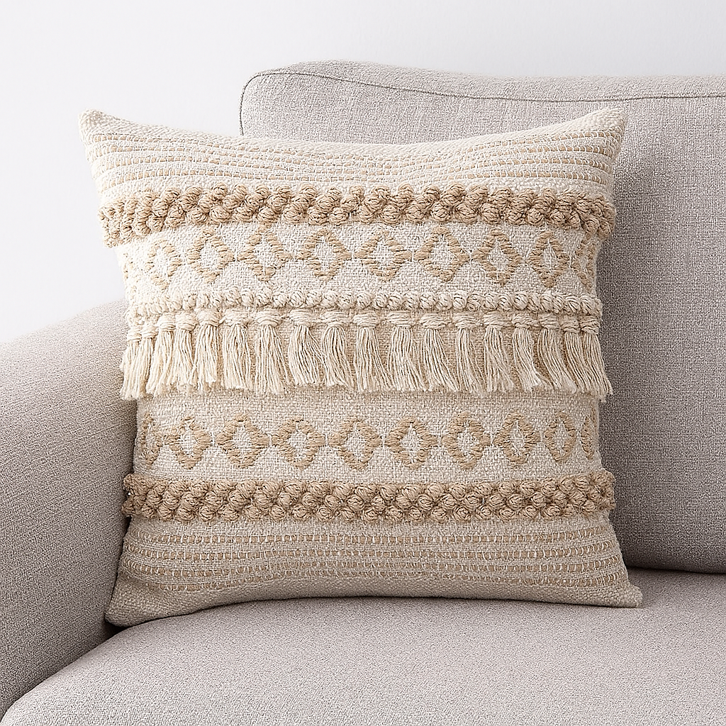 Natural Handwoven Diamond Tassel 18" Throw Pillow