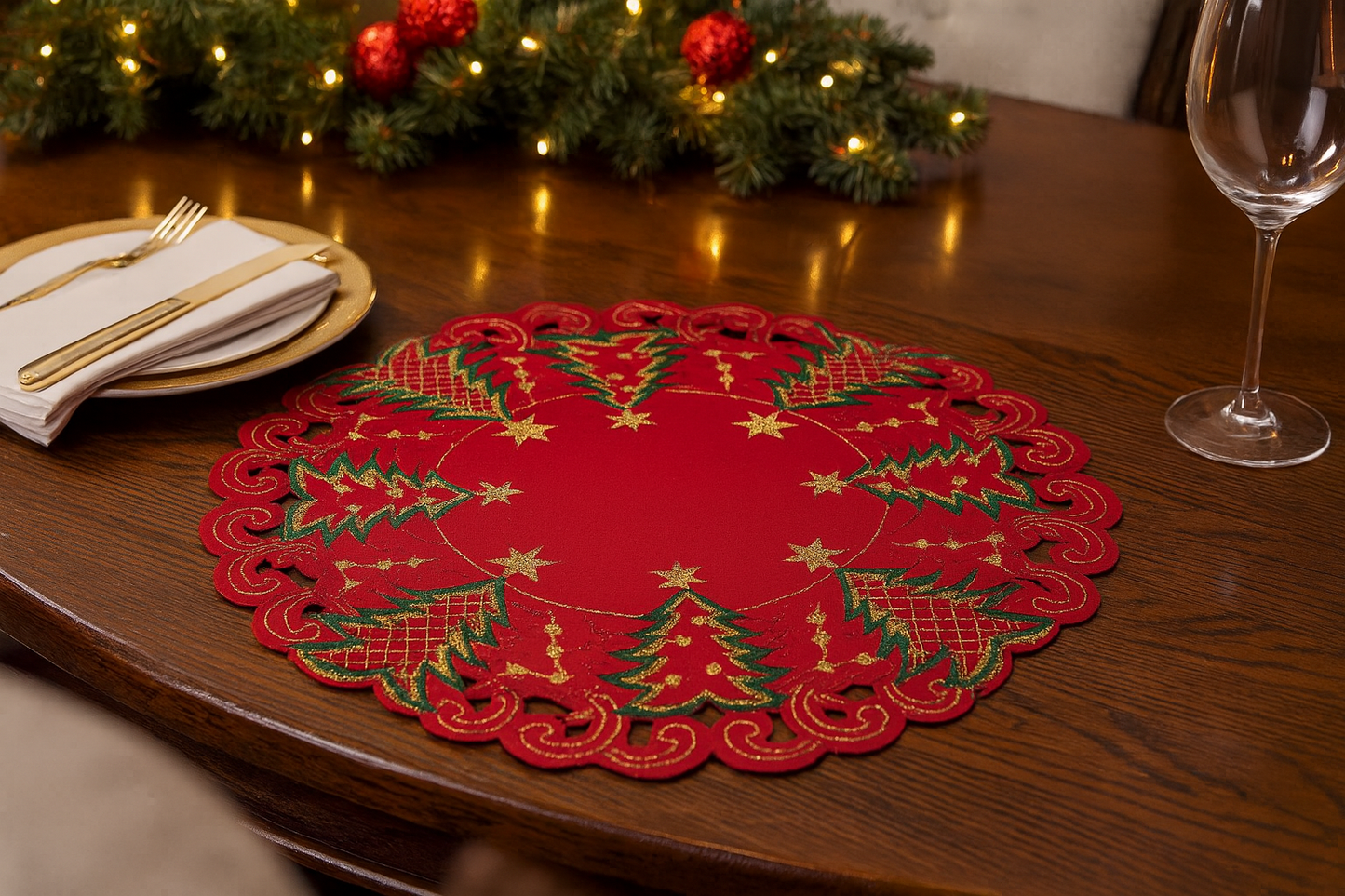 Red Embroidered Christmas Tree 14" Round Placemat