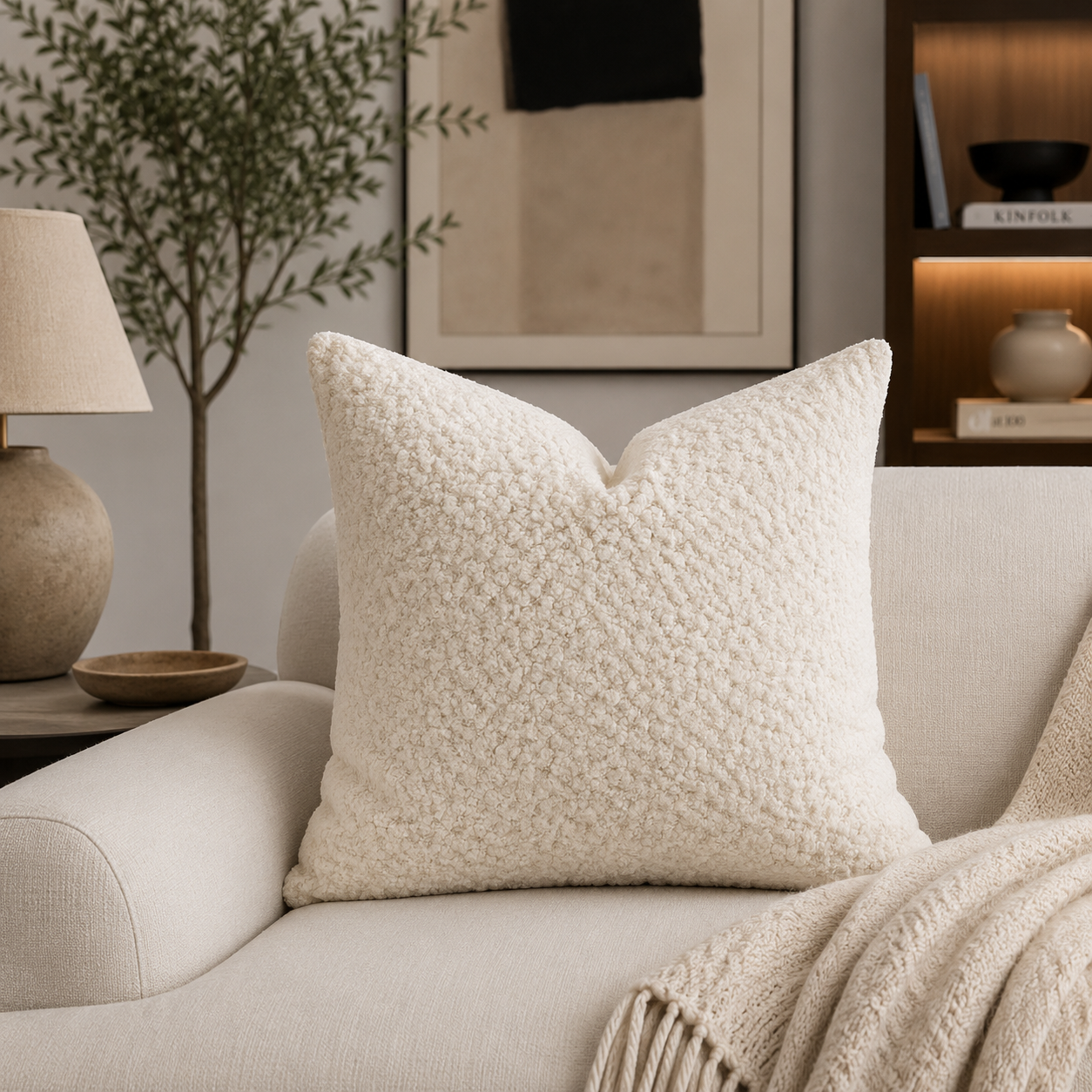 Ivory Textured Bouclé-Style 18" Throw Pillow