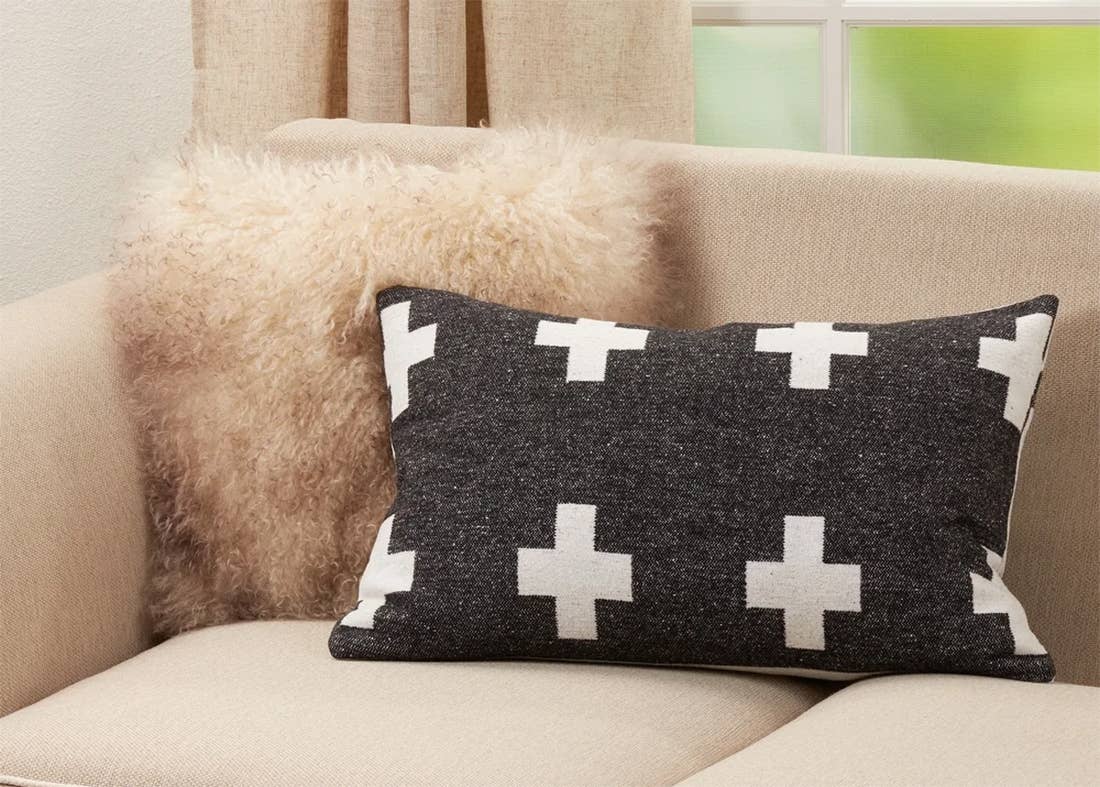 886 - Black & White Reversible Plus Sign 16x23 Throw Pillow