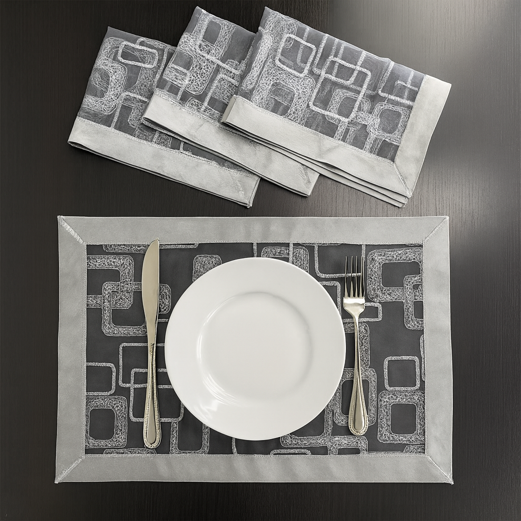 3713 - Embroidered Geometric Silver Border Sheer 13"X19" Placemat