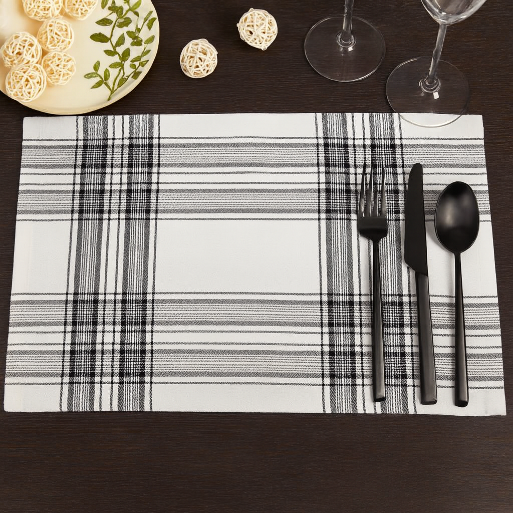 6562 - Black Plaid Cotton White 14"X20" Placemat