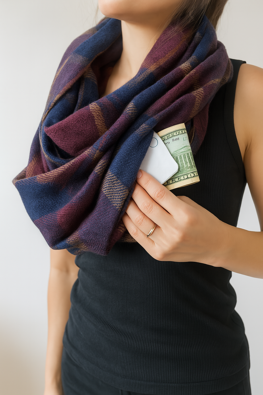 Wine Blue Plaid Infinity Scarf with Zipper Pocket