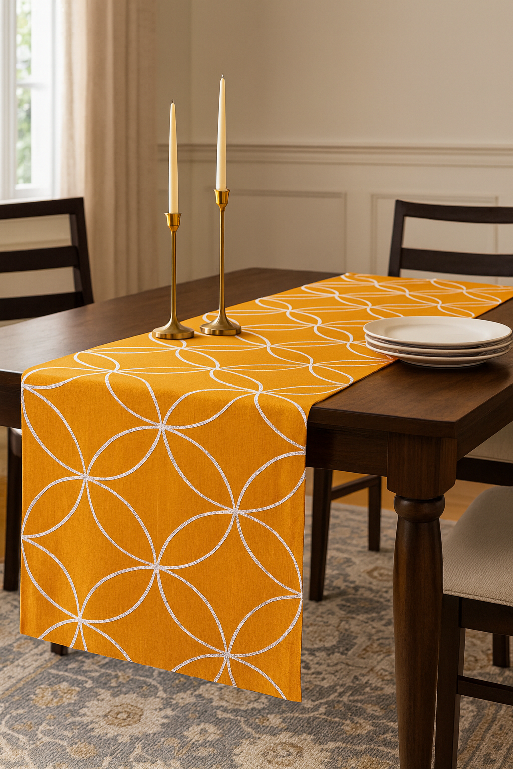71460 - White Stitched Tile Tangerine 16X70" Table Runner