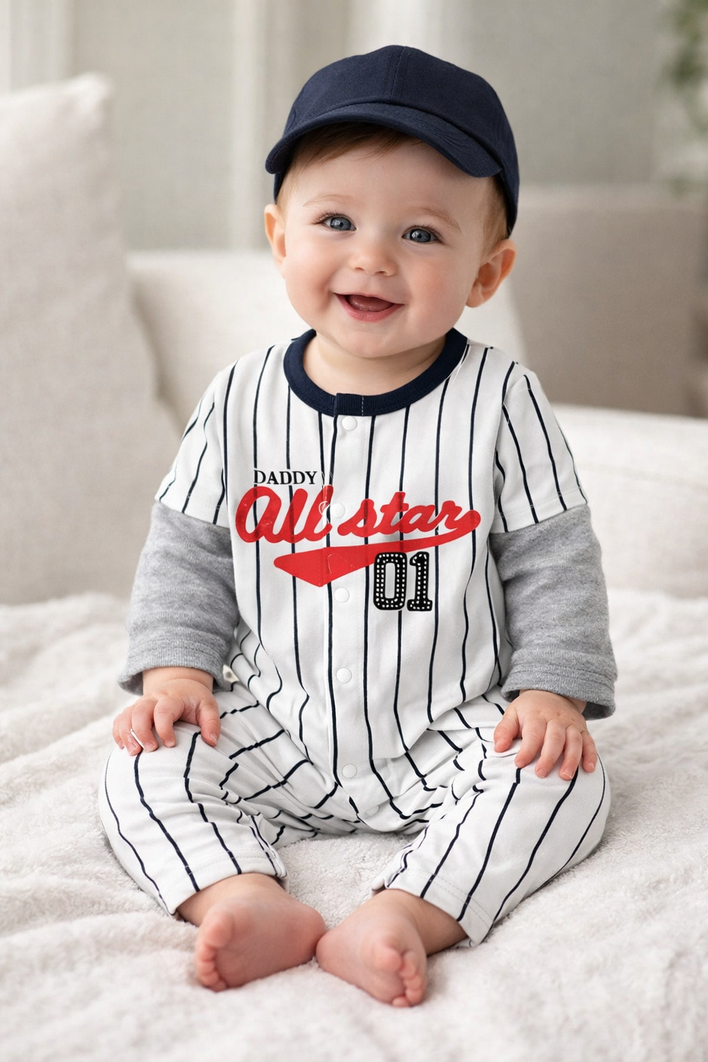 White Stripe Baseball Baby Romper