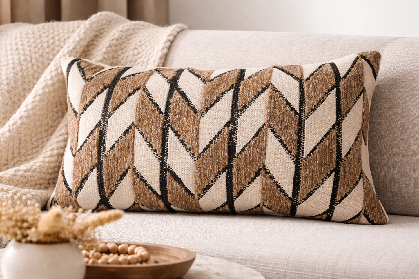 2184 - Natural Embroidered Chevron Block 12"X24" Throw Pillow