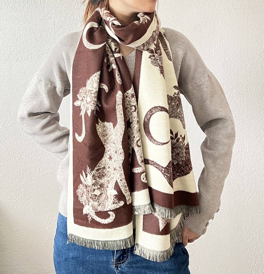 Red-Ivory Cat Print Reversible Cashmere Wrap Scarf