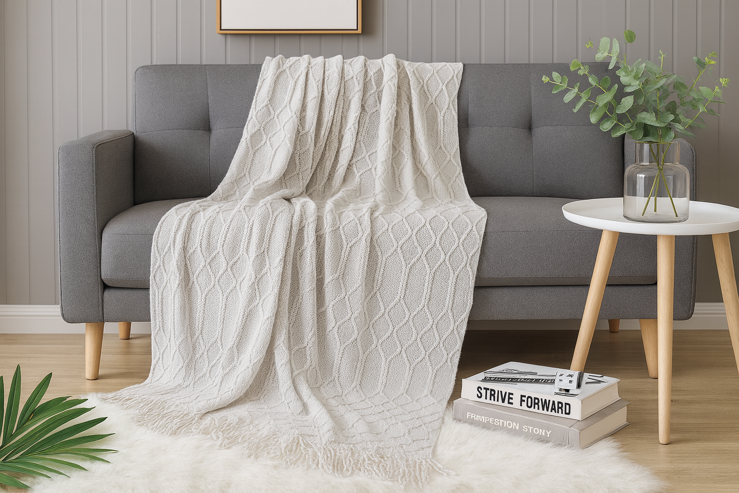 Ivory Rhombus Diamond Knit 50x60 Inch Throw Blanket
