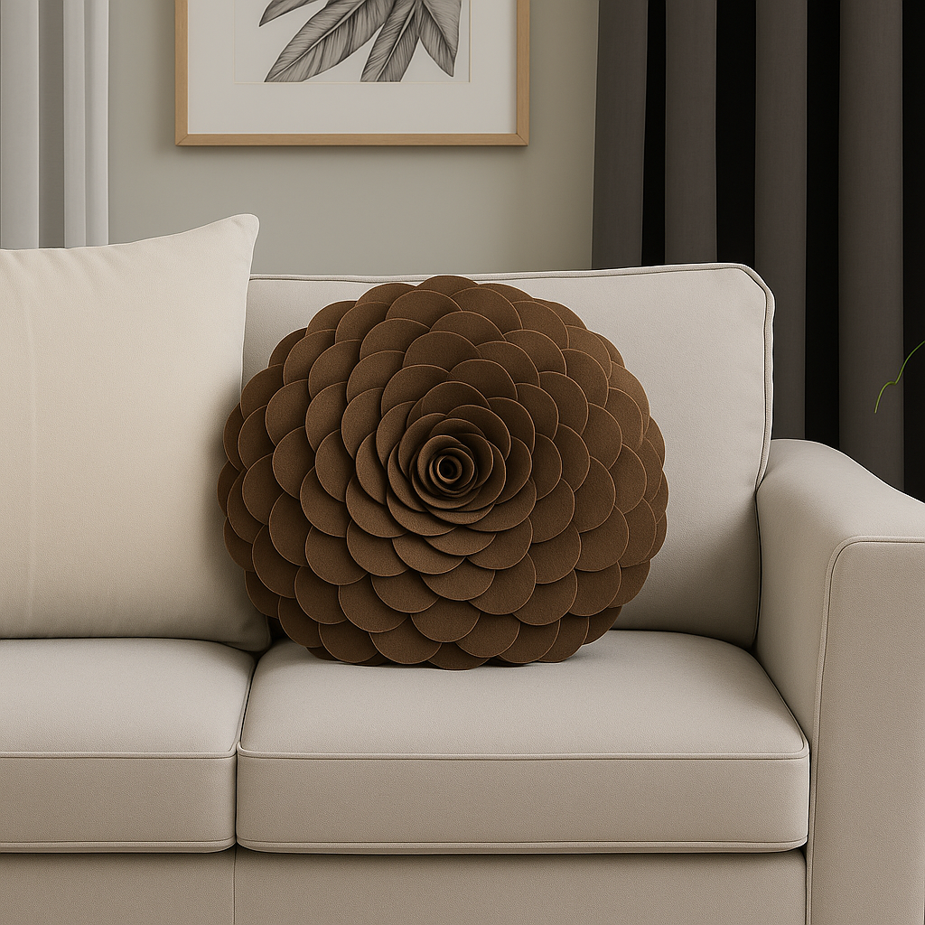 Mocha 3D Rose Flower Petal Decorative Throw Pillow