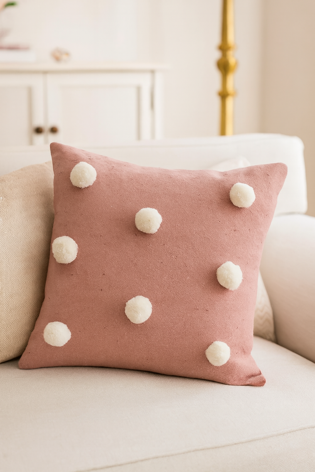 1238 - PInk and White Pom Pom Cotton 22" Filled Throw Pillow