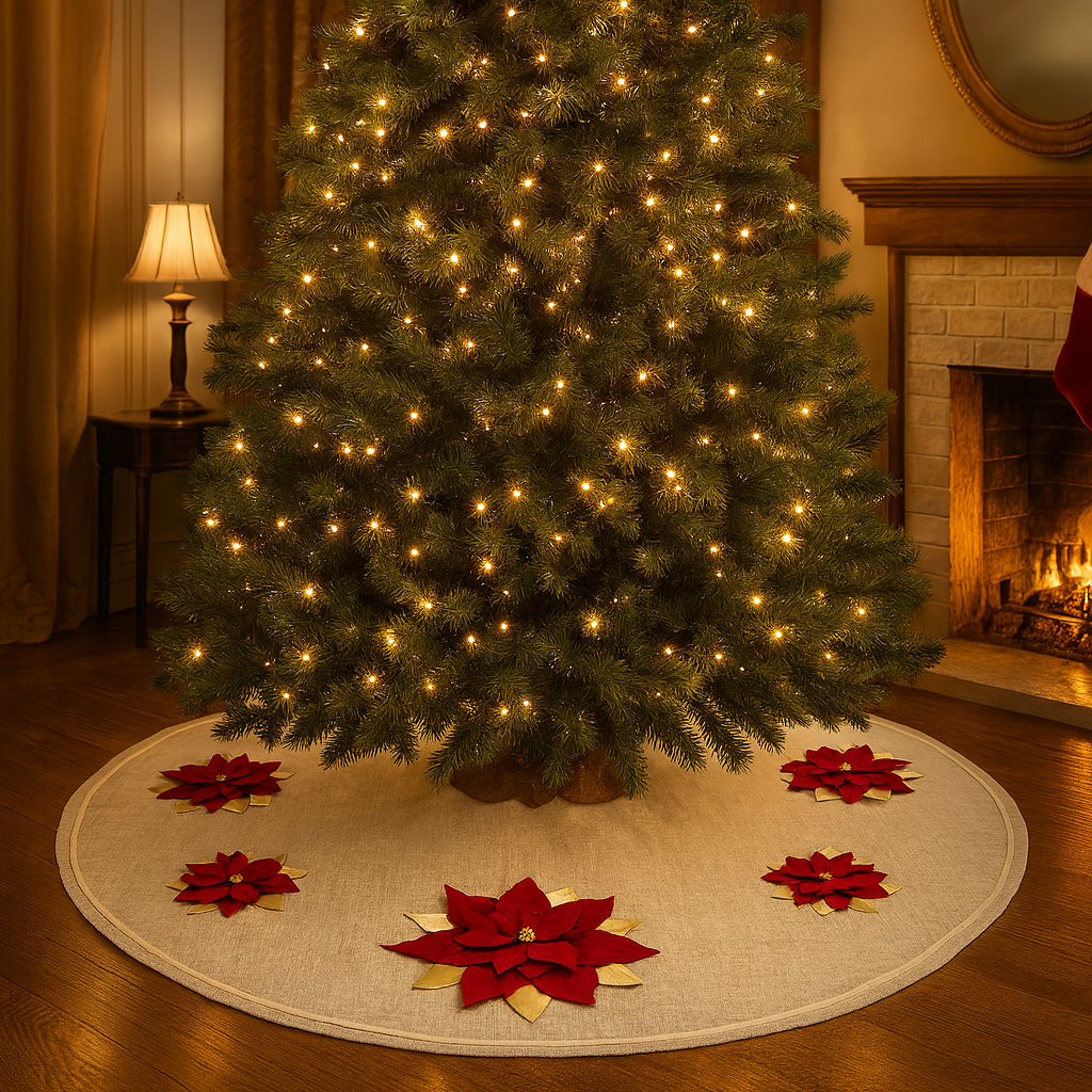 Gold-Red 3D Poinsettia Natural 53" Christmas Tree Skirt