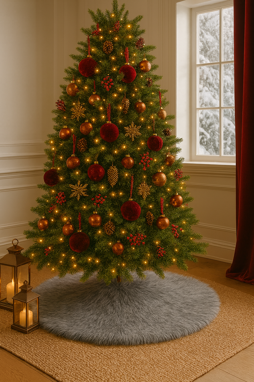 Exquisite Grey Faux Fur Silver Lurex Christmas Tree Skirt