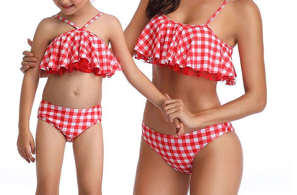 Red White Gingham Mother-Daugther 2pcs Swimwear Set