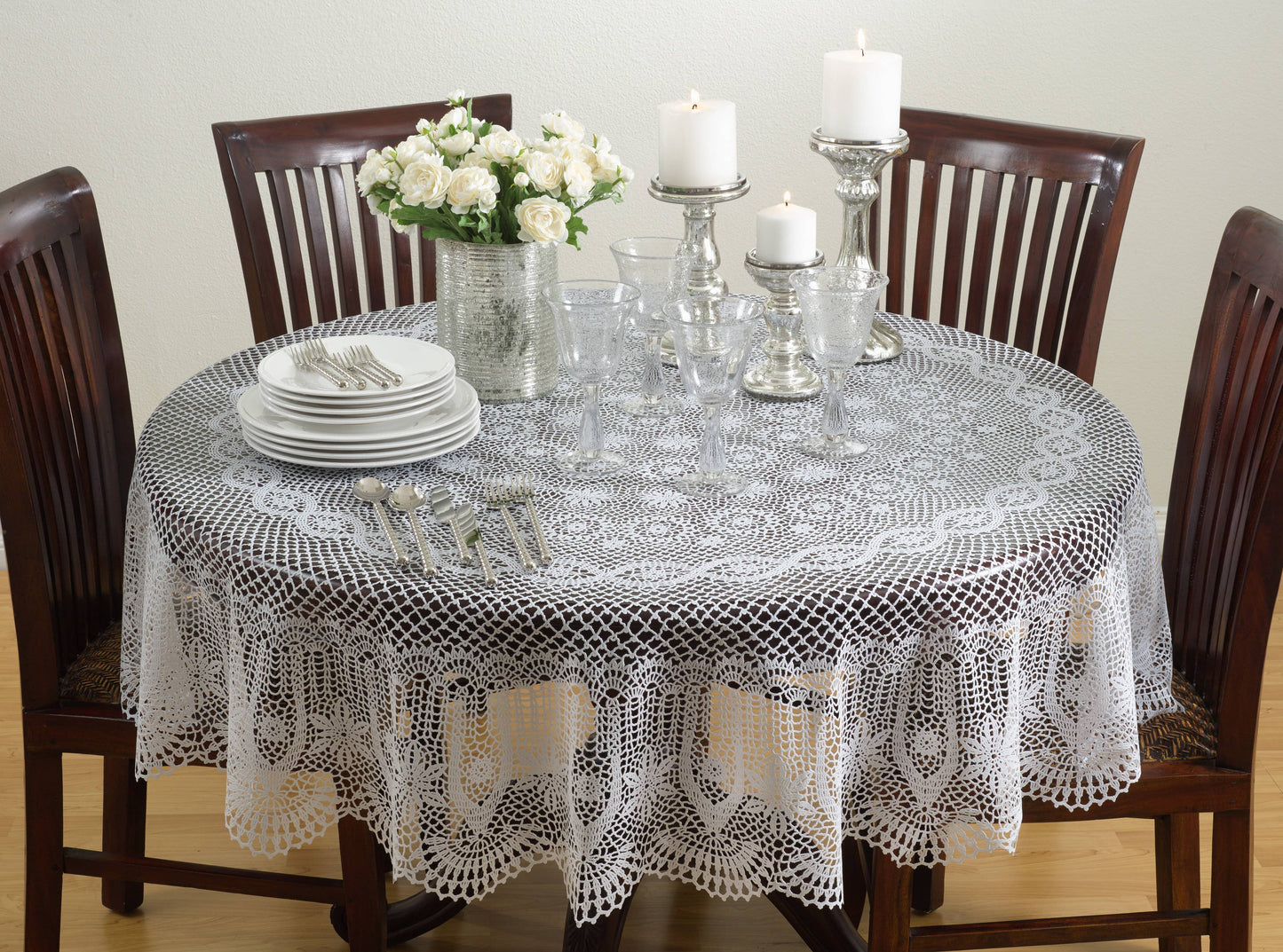 White Classic Crochet Vinyl Tablecloth - 72" Round