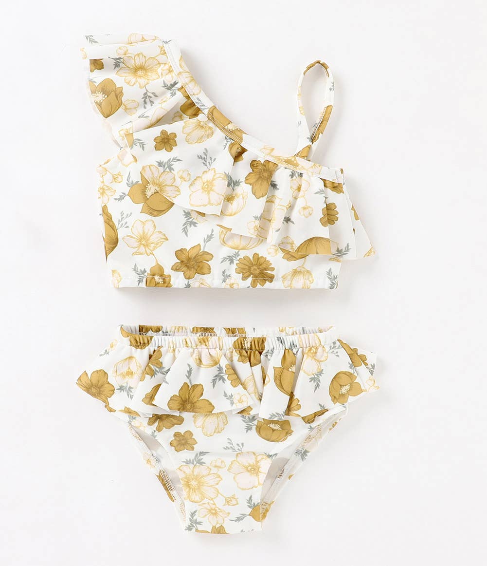 Beige Floral One Shoulder Flounce 2pcs Girl Swimwear Set