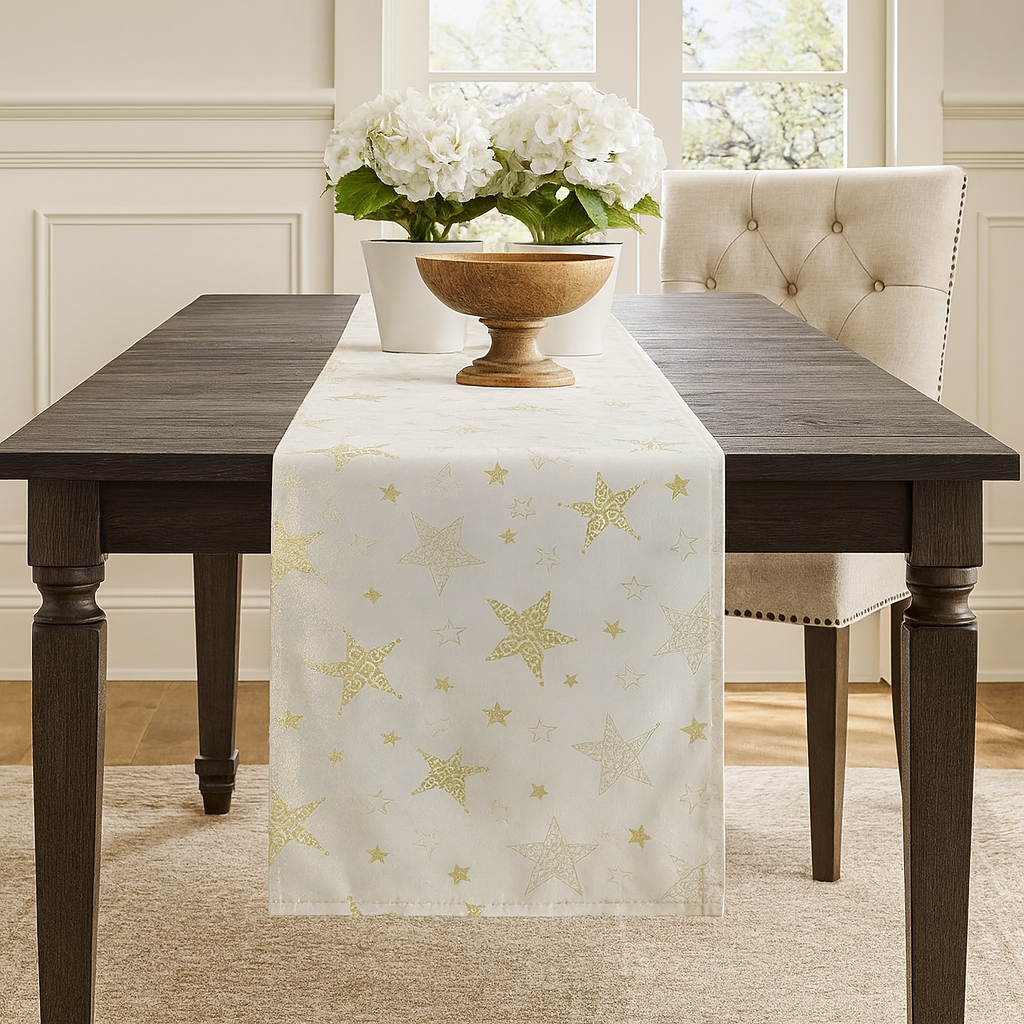 TBL0048 - Ivory Holly Star Holiday Table Runner