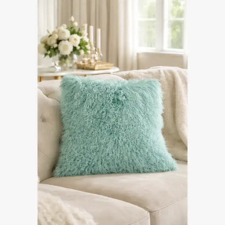 16" Mint Mongolian Lamb Fur Filled Throw Pillow