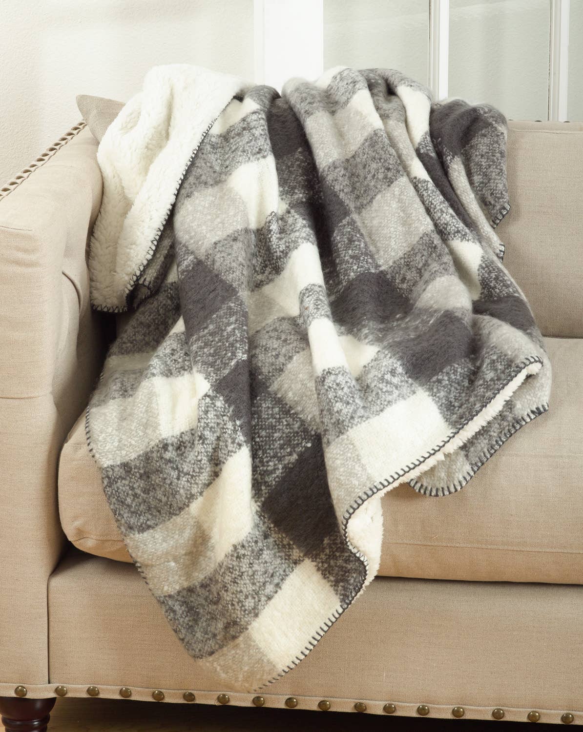 Grey-White Faux Mohair Sherpa 50"X60" Throw Blanket