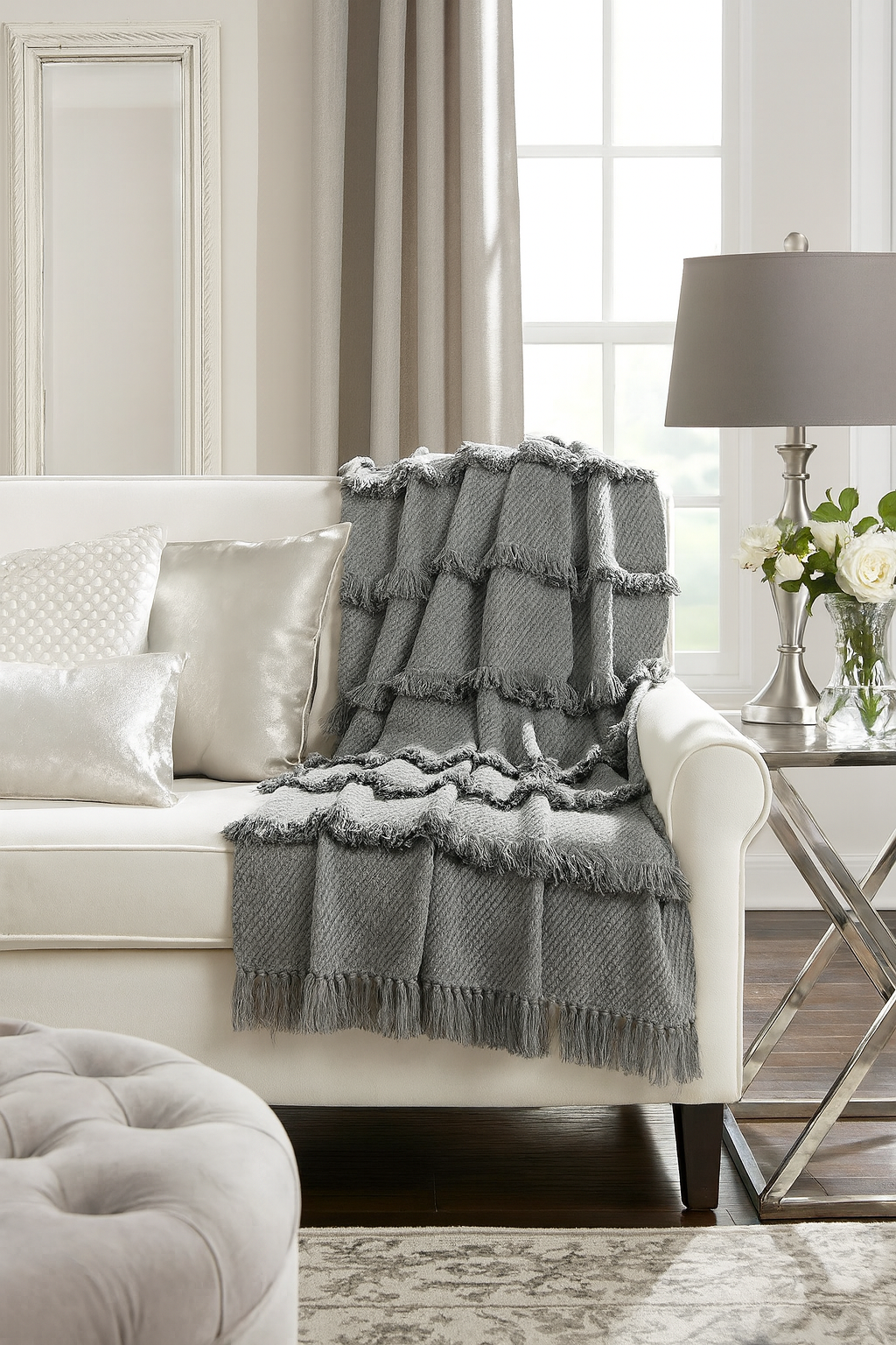 Charcoal Bohemian Tufted Fringe Cotton Throw Blanket