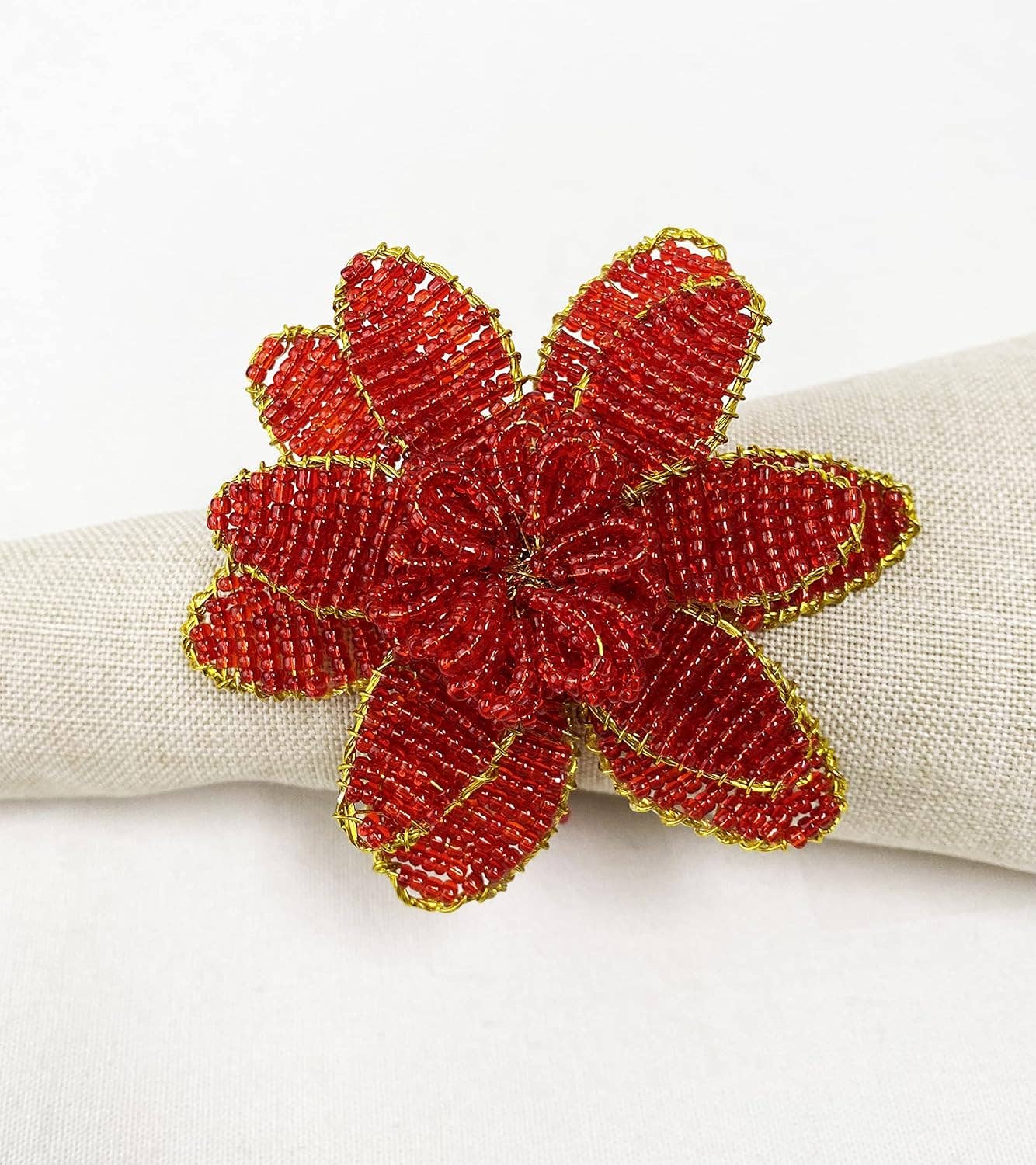 Burgundy hand-beaded Christmas Poinsettia Napkin Ring