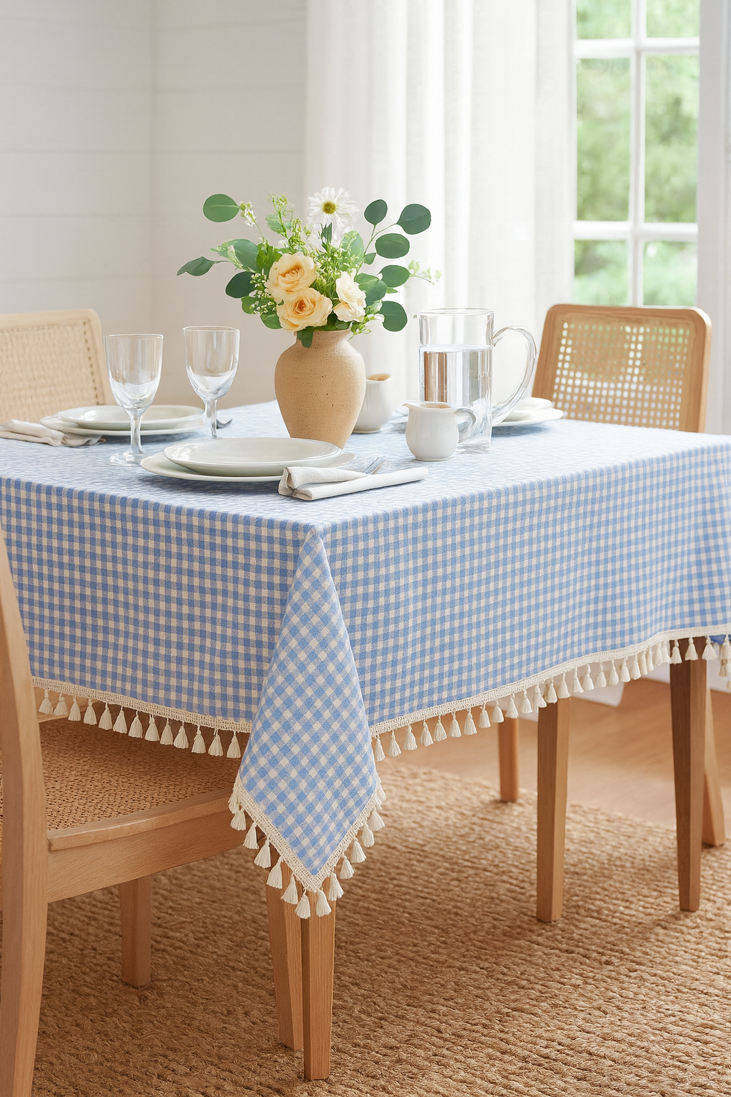 French Blue Rustic Gingham Tasseled Cotton Blend Tablecloth