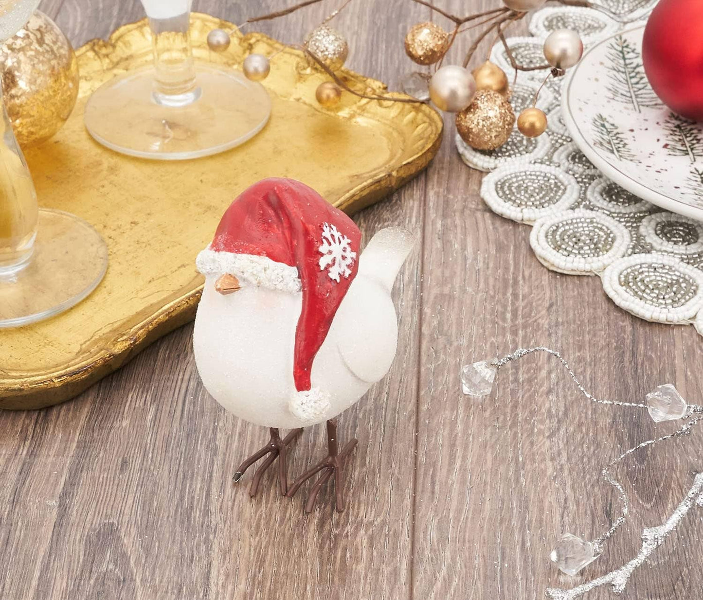 4.5" Resin Perched Bird Figurine with Santa Hat