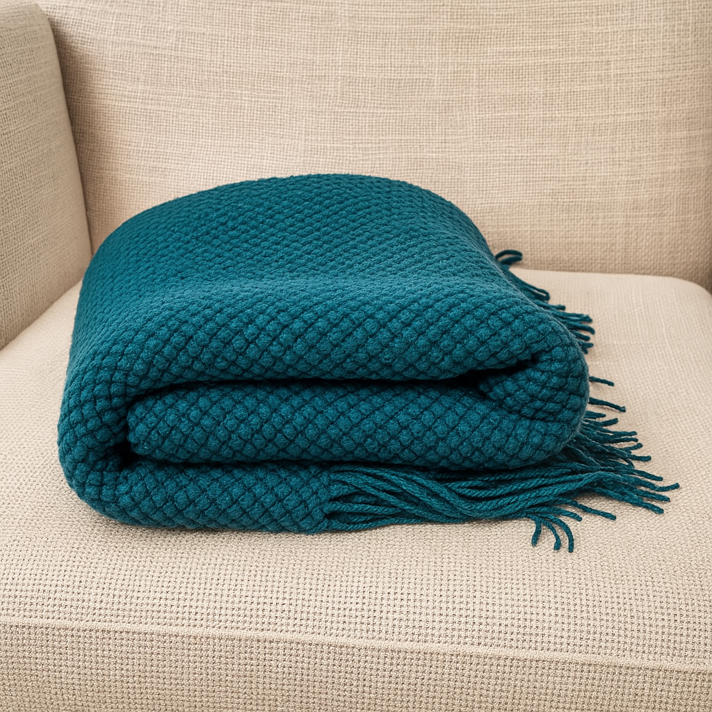 Teal Textured Knit Throw Blanket with Fringe – 50" x 60"