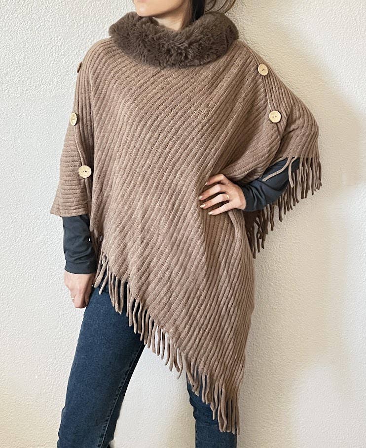 Khaki Fur Collar Ribbed Knit Poncho with Fringe