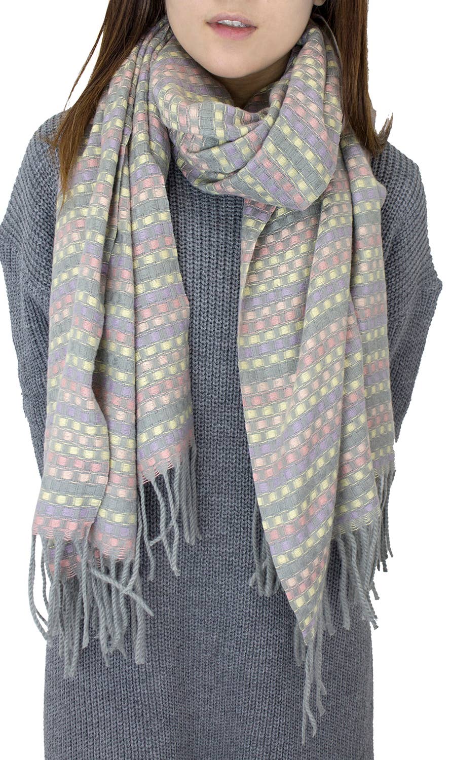 Grey Plaid Stitched Cashmere Soft Wrap Scarf with Tassels