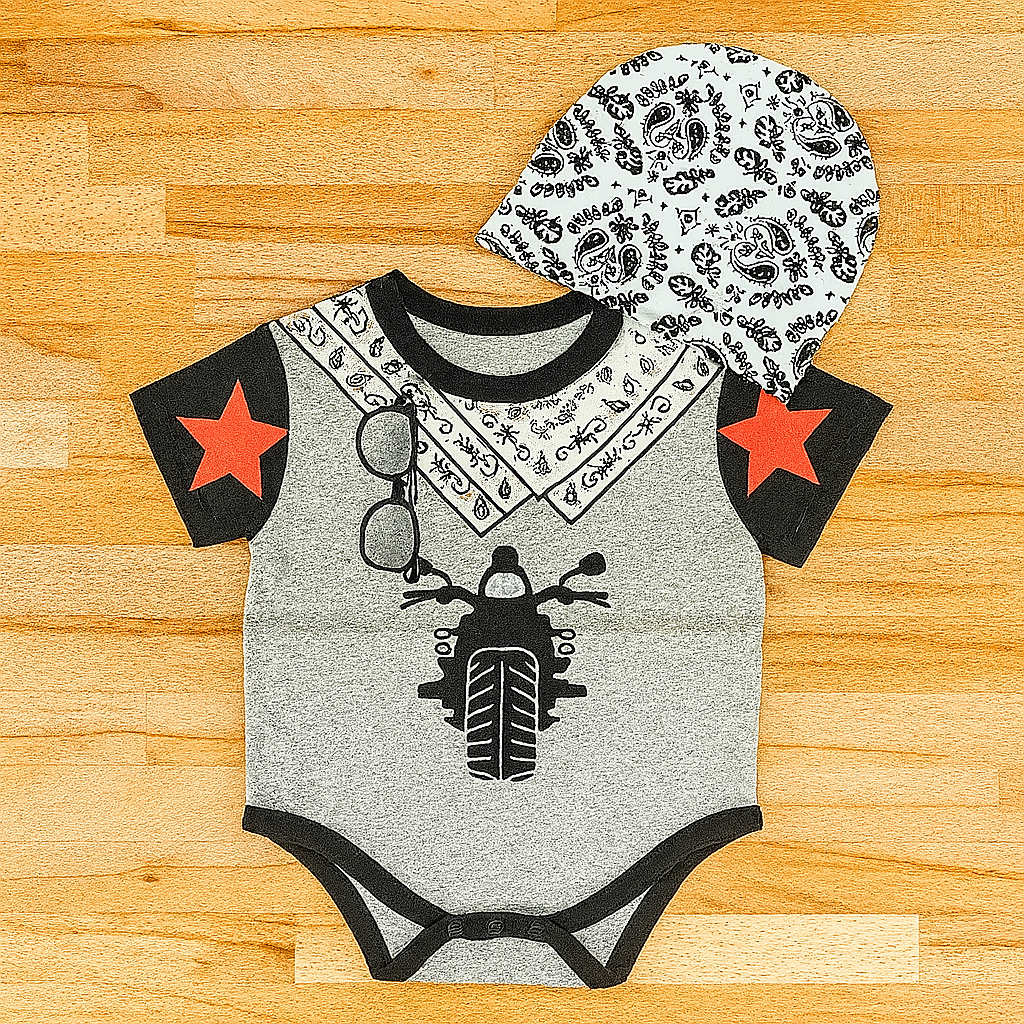 Grey Motorcycle Cotton Baby Romper and Hat
