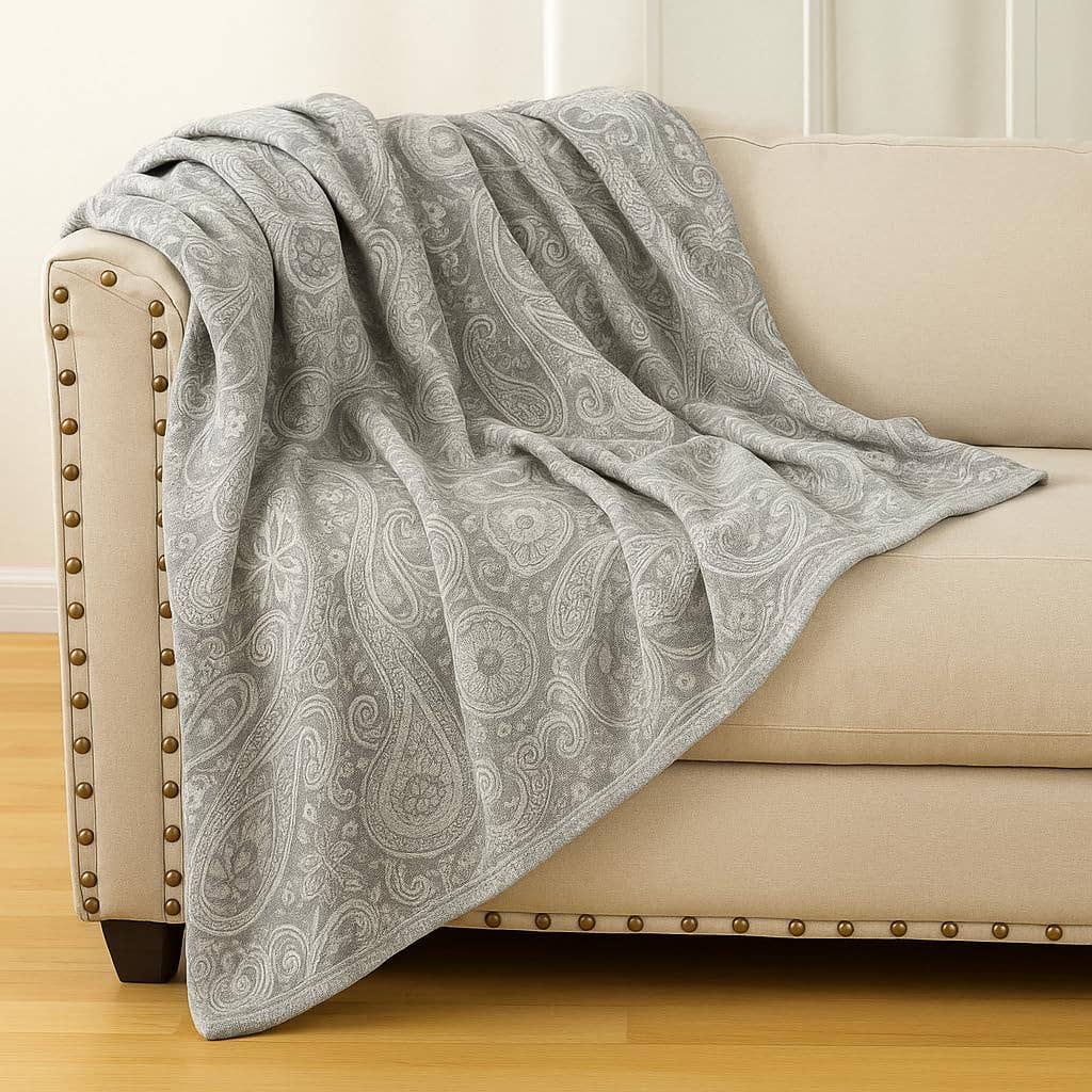 Grey Paisley Jacquard Wool Blend Throw Blanket - 50"x60"