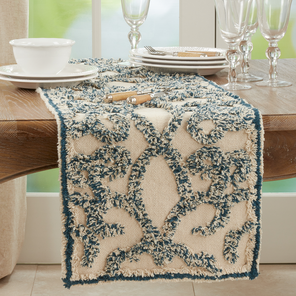 2162 - Blue Tufted 16"x72" Ivory Cotton Rug Table Runner